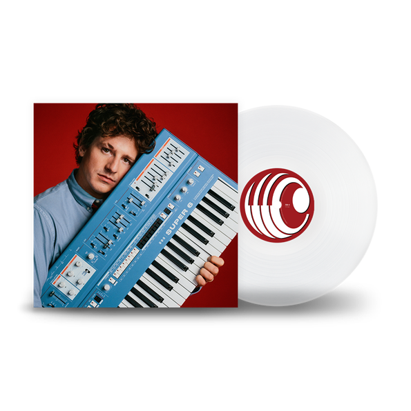 Charlie Puth Album cover with a person holding a blue keyboard and a white vinyl record with a red logo on a white background
