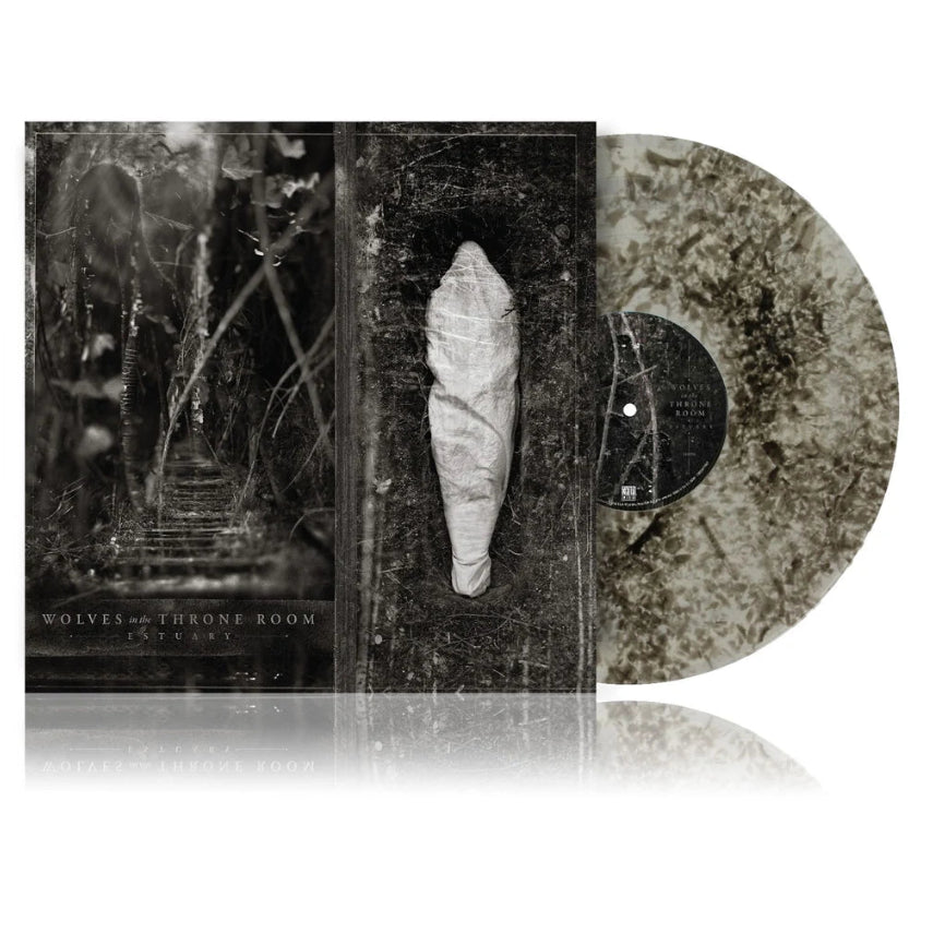 Wolves In The Throne Room - Estuary (Clear Black Dust) Vinyl A vinyl record album shown with its sleeve and inner gatefold cover on a white background. The artwork is monochrome and distressed, featuring a mummy-like figure on the inner cover, and the vinyl disc itself has a mottled sepia-toned appearance.