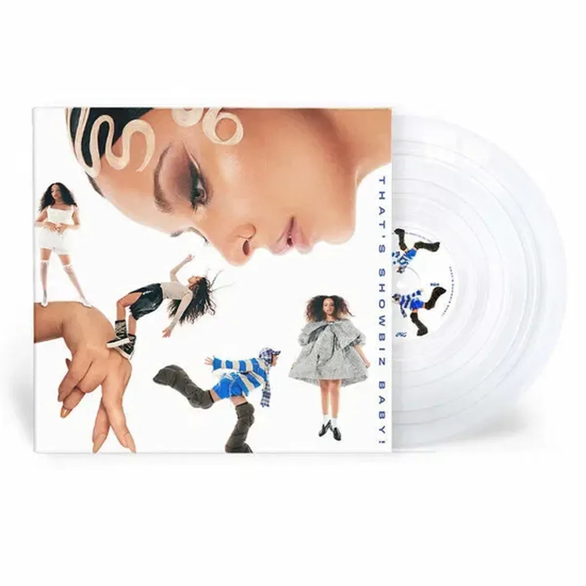 Jade - That's Showbiz Baby!  Vinyl record with a cover featuring a woman's face and various poses on a white background