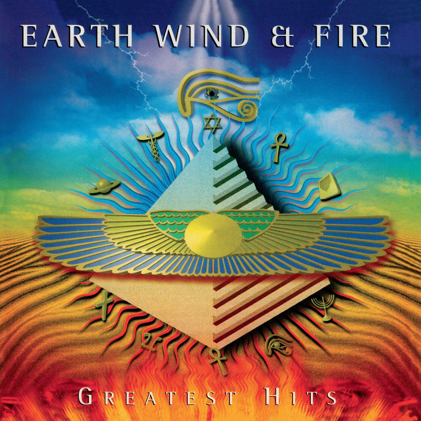 Earth, Wind & Fire - Greatest Hits Album cover for Earth Wind & Fire's 'Greatest Hits' with colorful design and pyramid symbol.