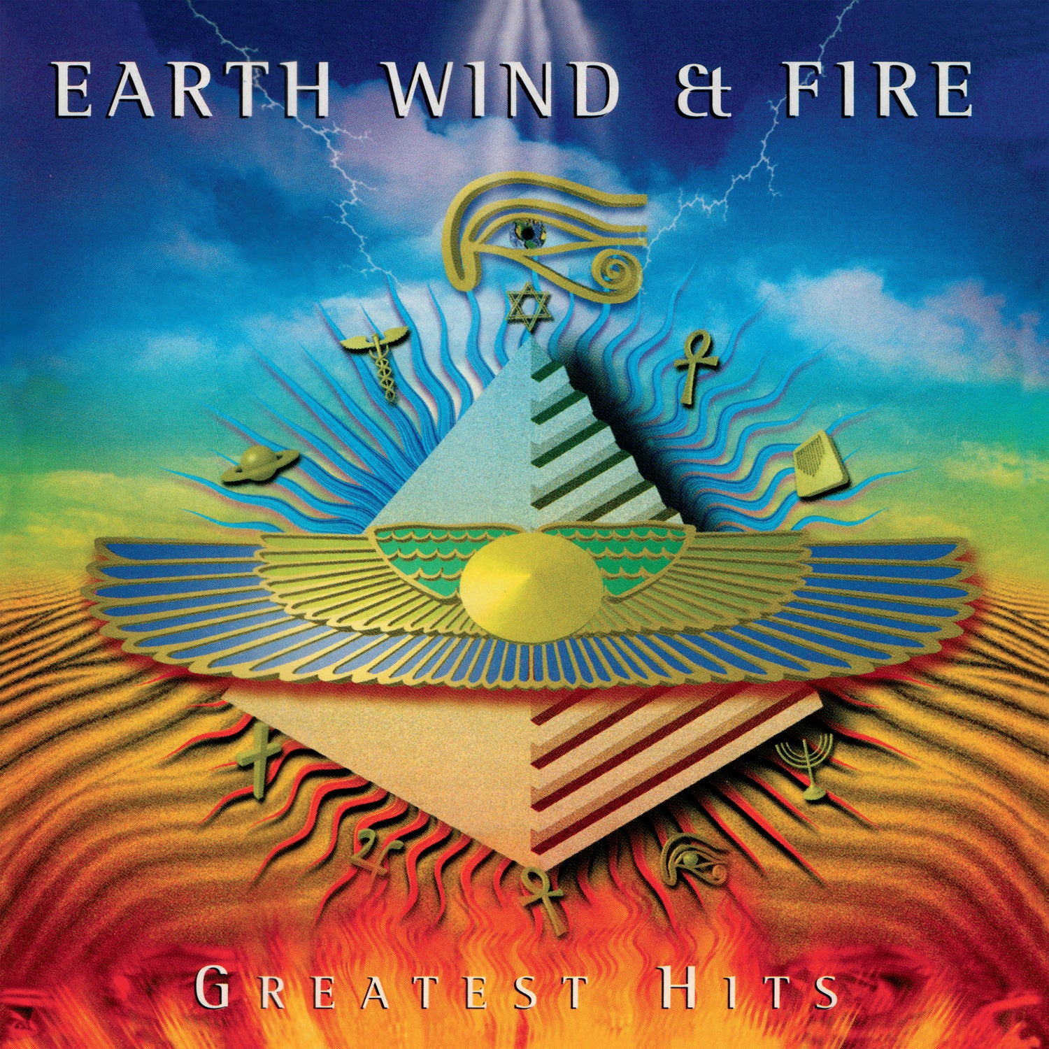 Earth, Wind & Fire - Greatest Hits Album cover for Earth Wind & Fire's 'Greatest Hits' with colorful design and pyramid symbol.