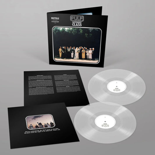 Pulp - Different Class (Clear) Vinyl NAD26 Fulp - Never Been Classified vinyl record LP with black gatefold cover, inner sleeves, and two transparent clear vinyl records on a gray background.