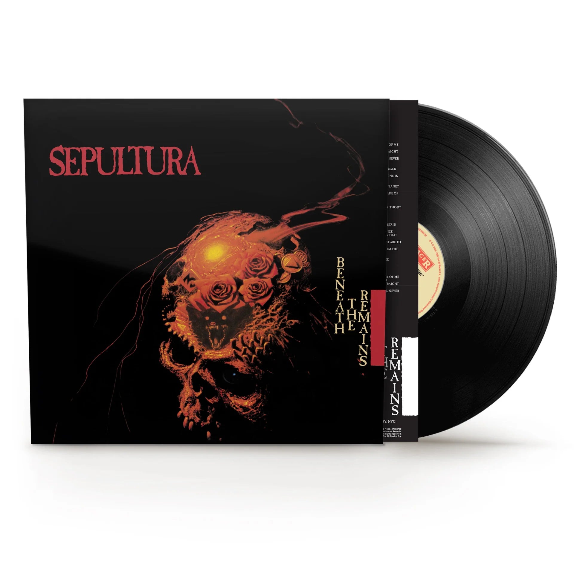 Sepultura - Beneath The Remains Vinyl Sepultura's 'Bethlehem' vinyl record in its black sleeve, showing the album art and a portion of the black vinyl disc on a white background.