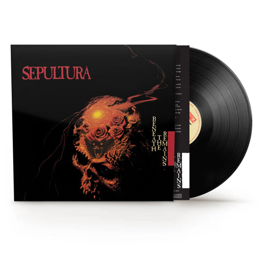 Sepultura - Beneath The Remains Vinyl Sepultura's 'Bethlehem' vinyl record in its black sleeve, showing the album art and a portion of the black vinyl disc on a white background.