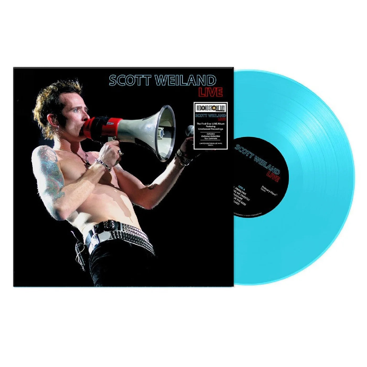 Scott Weiland - Live (Blue) Vinyl RSD26 Vinyl record with a cover featuring a person holding a megaphone, labeled 'Scott Weiland'.