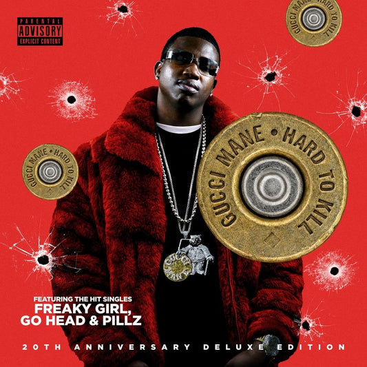 Gucci Mane - Hard to Kill (20th Anniversary Deluxe Edition Opaque Metallic Gold) Vinyl Gucci Mane's 'Hard to Kill' 20th Anniversary Deluxe Edition album cover art, featuring a portrait of the artist in a red fur coat and sunglasses against a red background with bullet-hole graphics and large gold bullet casing overlays.