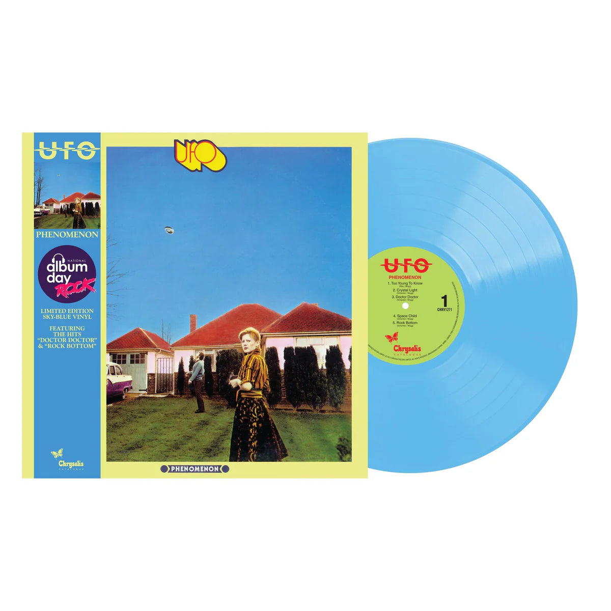UFO - Phenomenon Vinyl record with blue disc and cover featuring a house and UFO, on a white background