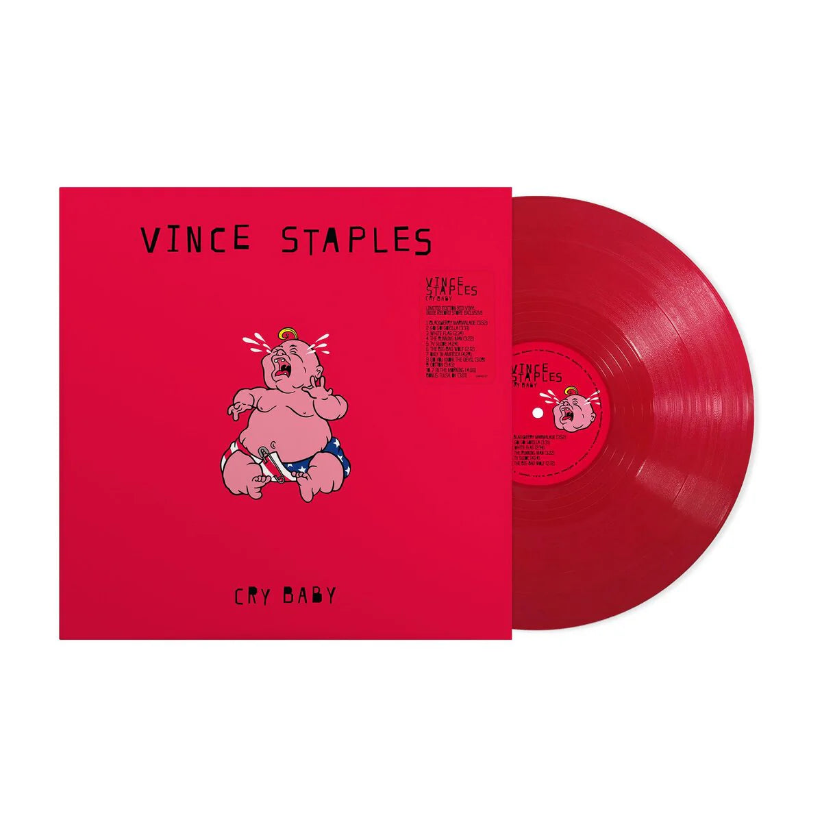 Vince Staples - Cry Baby Vinyl record with red cover featuring illustration and 'Vince Staples' text on a white background