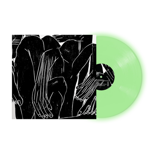 Don Broco - Nightmare Tripping (Glow In The Dark) Vinyl NAD26 A vinyl record partially pulled from its sleeve, showing a black-and-white illustrated cover and a translucent light green record on a white background.