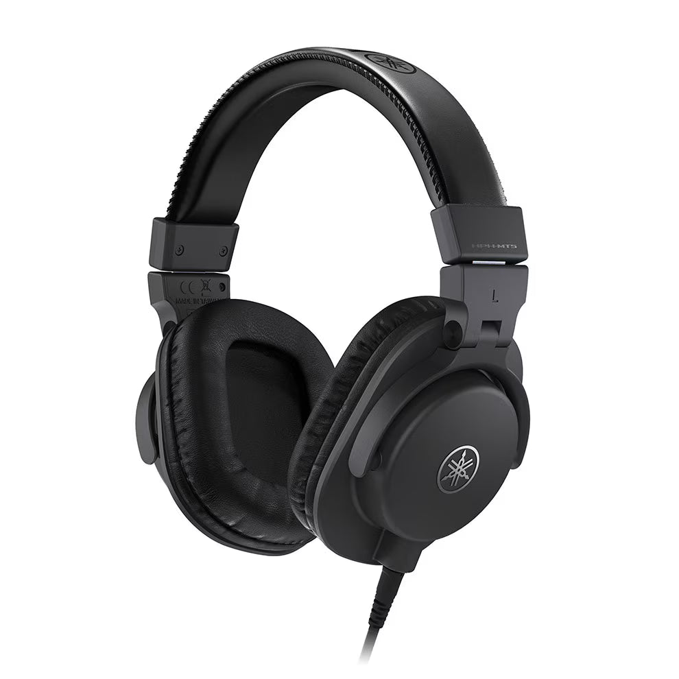 Yamaha HPH-MT5 Black headphones with a brand logo on a white background