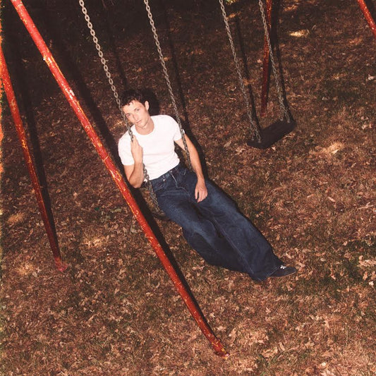 Henry Moodie - Mood Swings Person swinging on a red swing set in a park with dry leaves on the ground