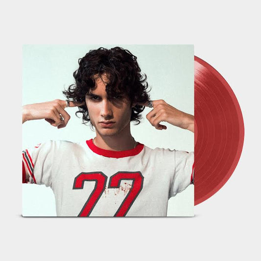 sombr - I Barely Know Her Vinyl record with a person wearing a white shirt with red accents and the number 77, against a light green background.