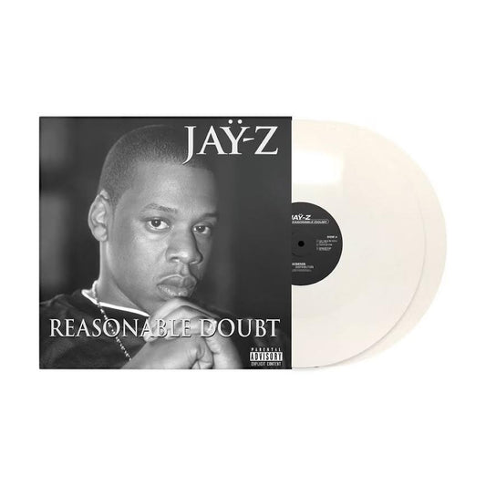 Jay-Z - Reasonable Doubt (30th Anniversary Edition White) Vinyl Jay-Z Reasonable Doubt vinyl record album with the black-and-white cover art and a translucent off-white record partially visible behind it on a white background.