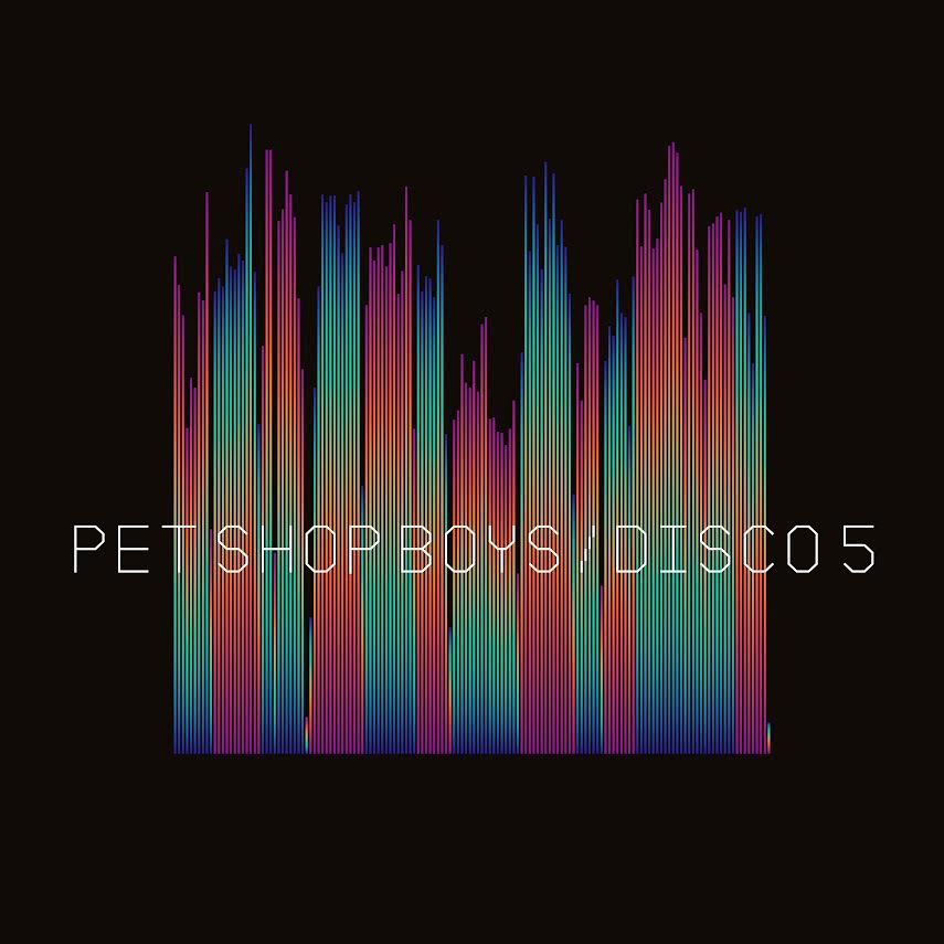 Pet Shop Boys - Disco 5 Album cover with colourful vertical bars and 'Pet Shop Boys Disco 5' text on a black background