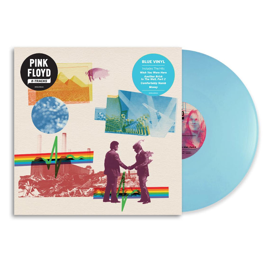 Pink Floyd - 8-Tracks Vinyl record with a colourful cover featuring two figures shaking hands, a rainbow, and abstract designs.