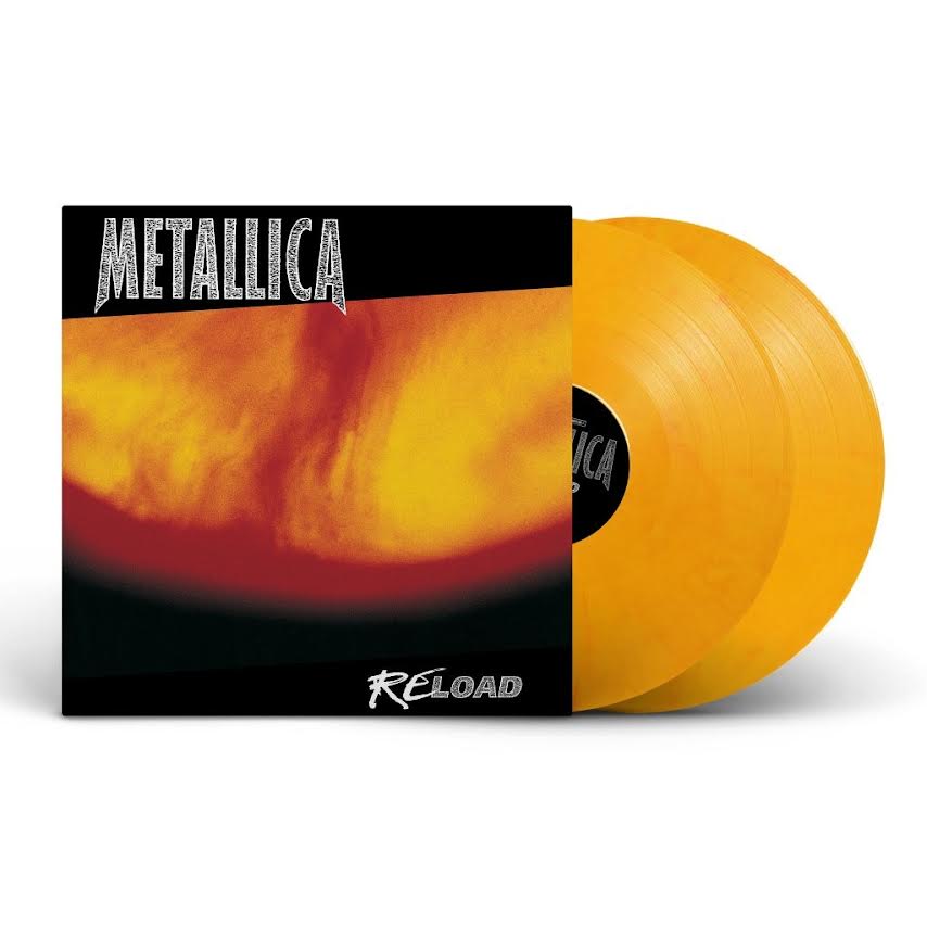 Metallica - ReLoad Metallica 'Reload' vinyl record with orange disc and black cover on a white background