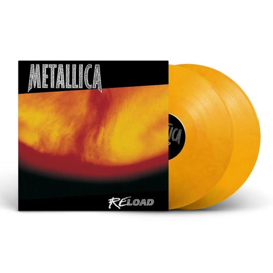 Metallica - ReLoad Metallica 'Reload' vinyl record with orange disc and black cover on a white background