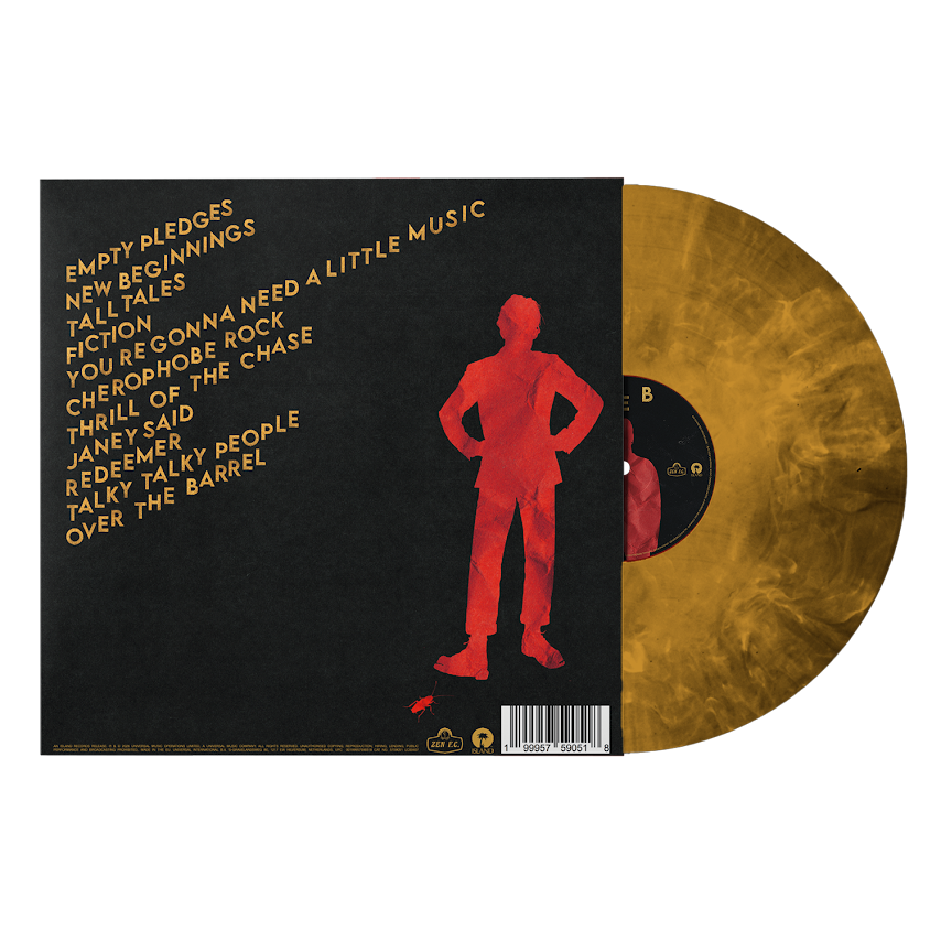 Yard Act - You're Gonna Need A Little Music A vinyl record partially pulled from its sleeve, showing a black cover with gold text and a red human silhouette, alongside a translucent gold record.