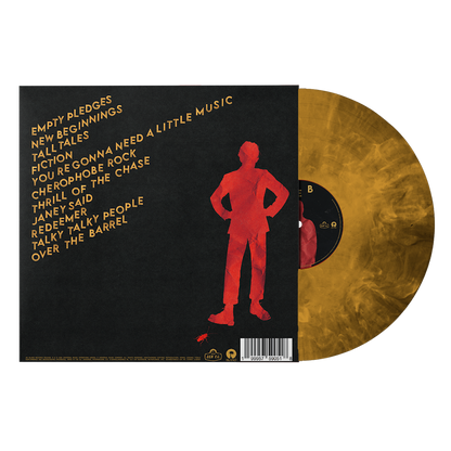 Yard Act - You're Gonna Need A Little Music A vinyl record partially pulled from its sleeve, showing a black cover with gold text and a red human silhouette, alongside a translucent gold record.