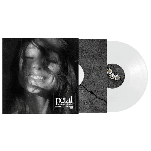 Ariana Grande - petal (White) Vinyl Vinyl record with a black and white photo of a person and a white record with floral design on a green background