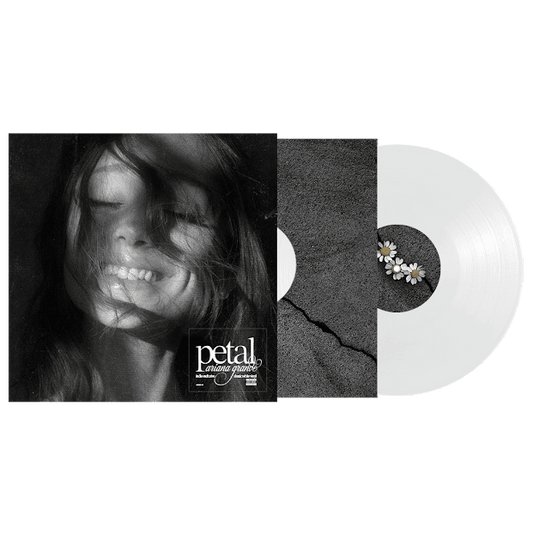 Ariana Grande - petal (White) Vinyl Vinyl record with a black and white photo of a person and a white record with floral design on a green background
