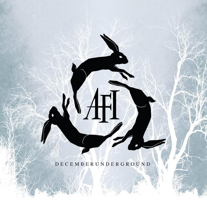 AFI - Decemberunderground Album cover with black rabbit silhouettes and 'AFI' logo against a snowy landscape background.