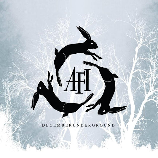 AFI - Decemberunderground Album cover with black rabbit silhouettes and 'AFI' logo against a snowy landscape background.