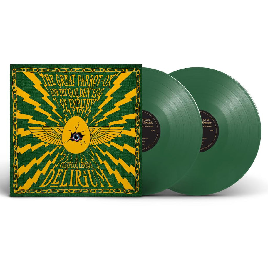 The Claypool Lennon Delirium - The Great Parrot-Ox and the Golden Egg of Empathy (Green) Vinyl Green vinyl records with a decorative yellow and black cover on a white background