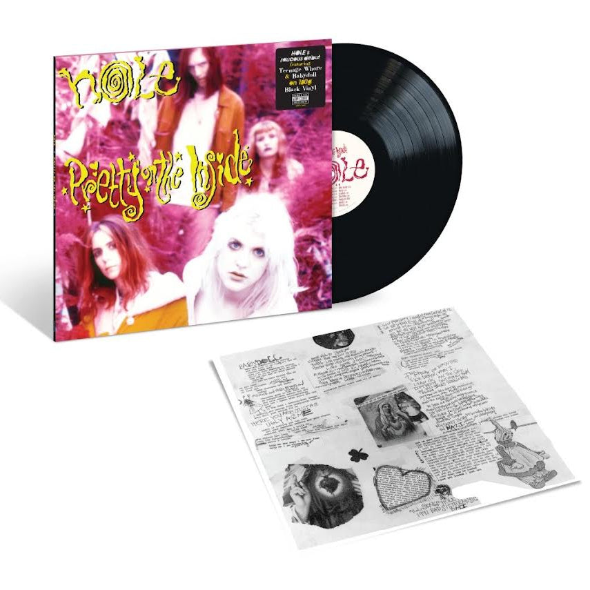 Hole - Pretty On The Inside (35th Anniversary) Vinyl A vinyl record album shown with its illustrated outer sleeve, a partially visible black record, and an open inner paper insert on a clean white background.