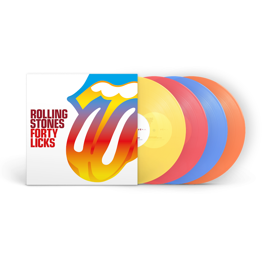 The Rolling Stones - Forty Licks (4LP Yellow / Red / Blue / Orange) Vinyl Four vinyl records with a colorful Rolling Stones logo on a white background