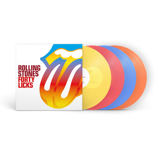 The Rolling Stones - Forty Licks (4LP Yellow / Red / Blue / Orange) Vinyl Four vinyl records with a colorful Rolling Stones logo on a white background
