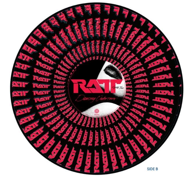 Ratt - Dancing Undercover (40th Anniversary Zoetrope) Vinyl A circular black and red dance floor disc with the RATP Dancing Cadeaux logo in the center, shown on a plain white background with 'SIDE B' printed in the bottom right corner.