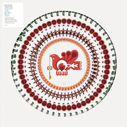 Keane - Under The Iron Sea (Limited Edition Zoetrope) Vinyl Square album cover for Iggy Pop's 'Under the Sea' 20th Anniversary reissue, featuring a circular graphic design with concentric rings of red, brown, and green motifs surrounding a central red dove holding a gold key, on a light gray background.