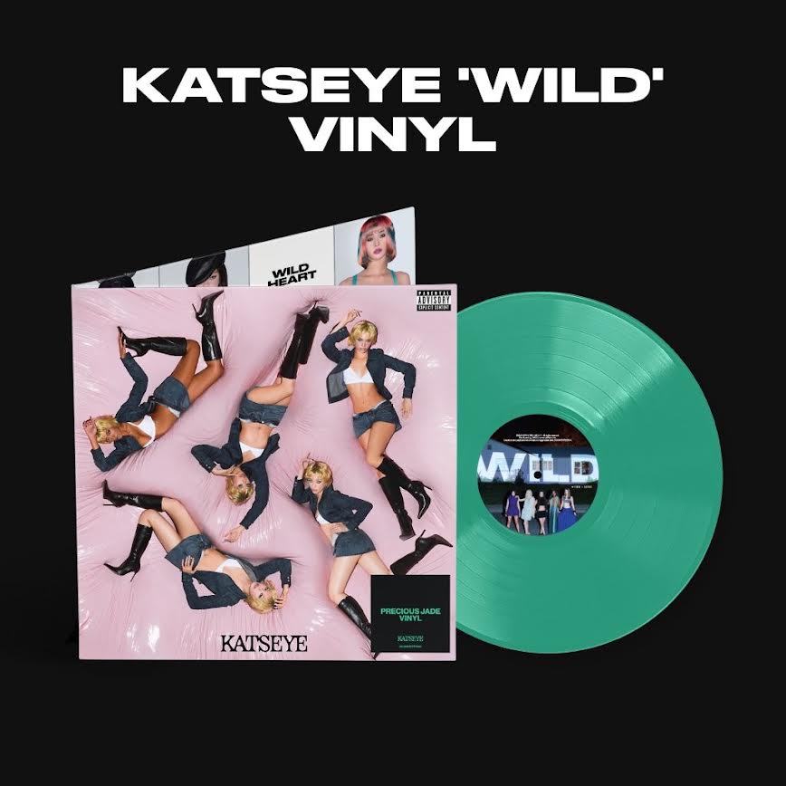 KATSEYE - WILD (Lavender) Vinyl Katseye 'Wild' vinyl record album cover and a translucent mint green vinyl disc on a black background, with large white text reading 'KATSEYE 'WILD' VINYL' above.