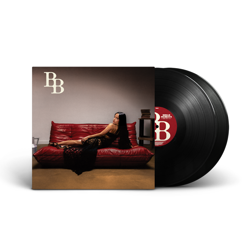 Becky G - Baraja Bendita Vinyl Vinyl record with a cover featuring a woman on a red couch, displayed against a white background.