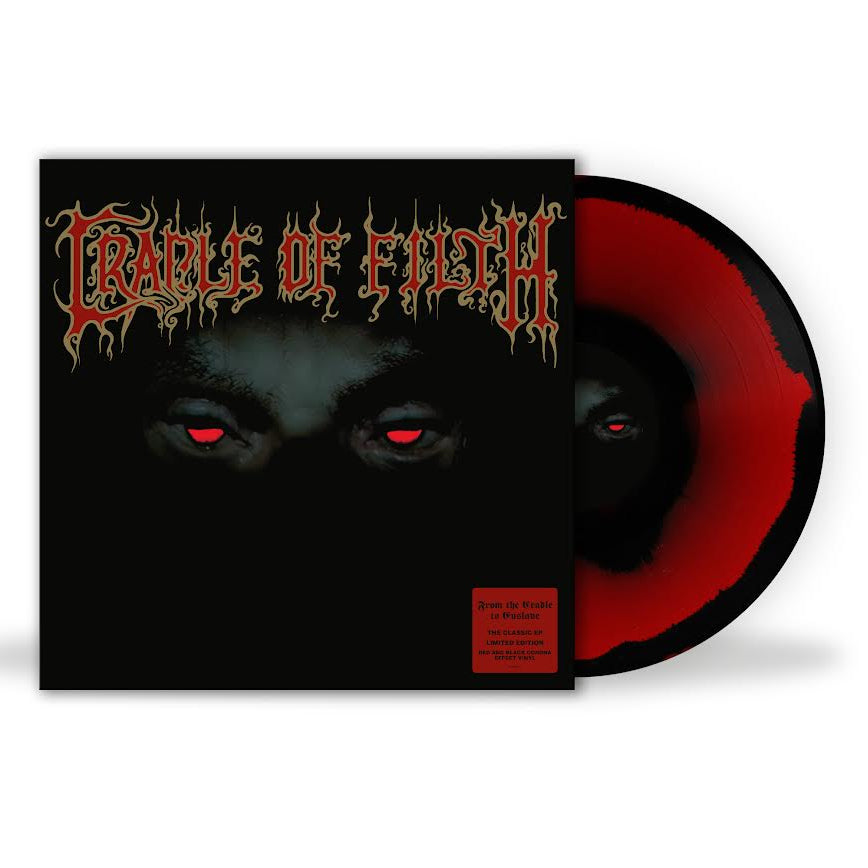 Cradle Of Filth Vinyl record with a black cover featuring a wolf's face and red eyes, and a red and black disc.