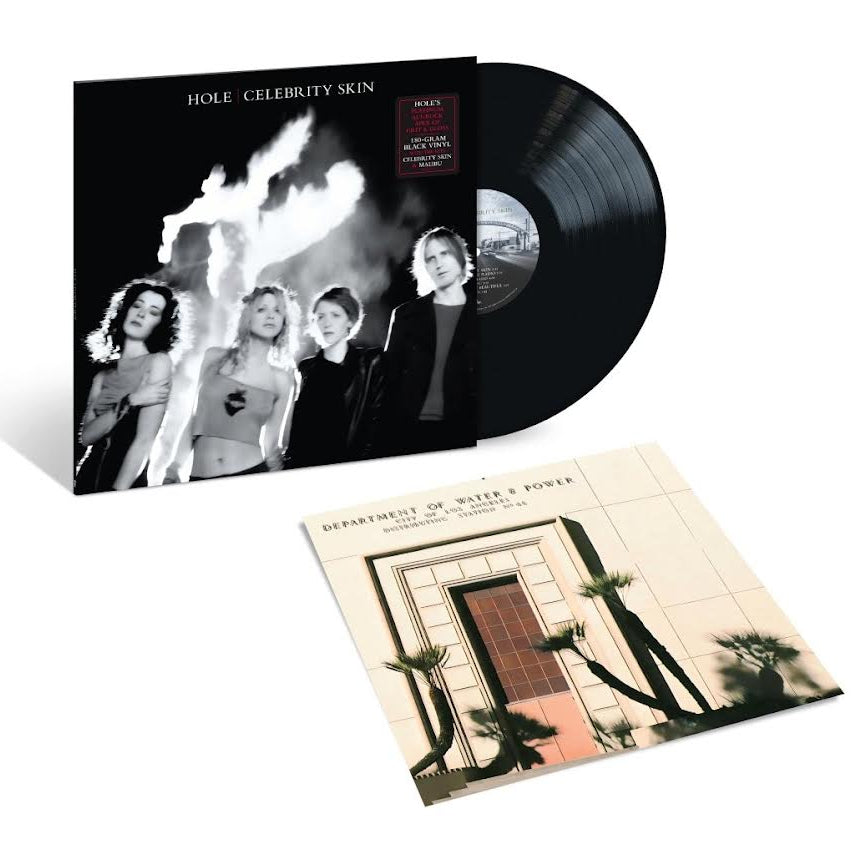 Hole - Celebrity Skin Vinyl A vinyl record album shown with its outer sleeve standing upright and the black record partially pulled out, plus a second angled sleeve cover placed in front on a white background.