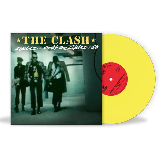 The Clash - Should I Stay Or Should I Go? Vinyl record with yellow disc and black and white cover featuring 'The Clash' band members.
