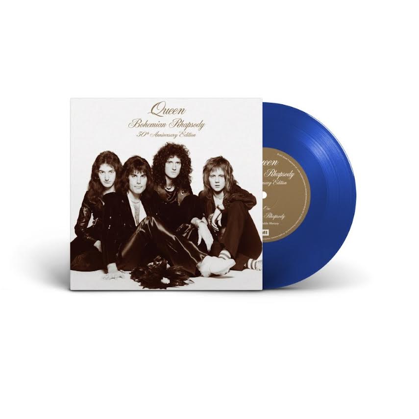 Queen - Bohemian Rhapsody Blue vinyl record with Queen album cover on a white background