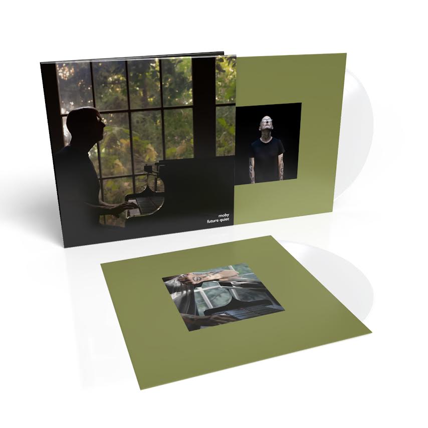 Moby - Future Quiet (Transparent) Vinyl Green photo album with images of a person and nature on a white background