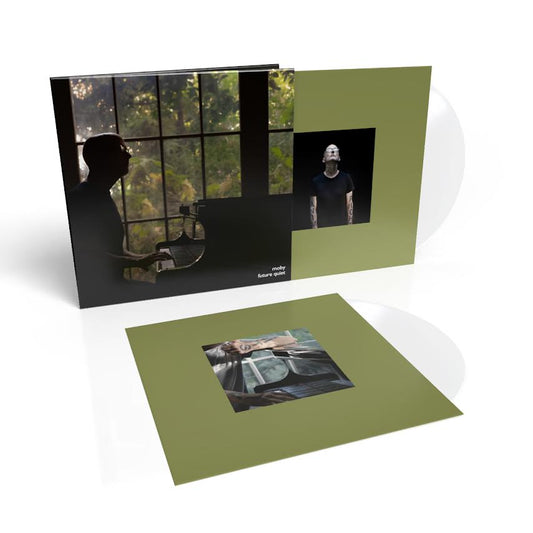 Moby - Future Quiet (Transparent) Vinyl Green photo album with images of a person and nature on a white background