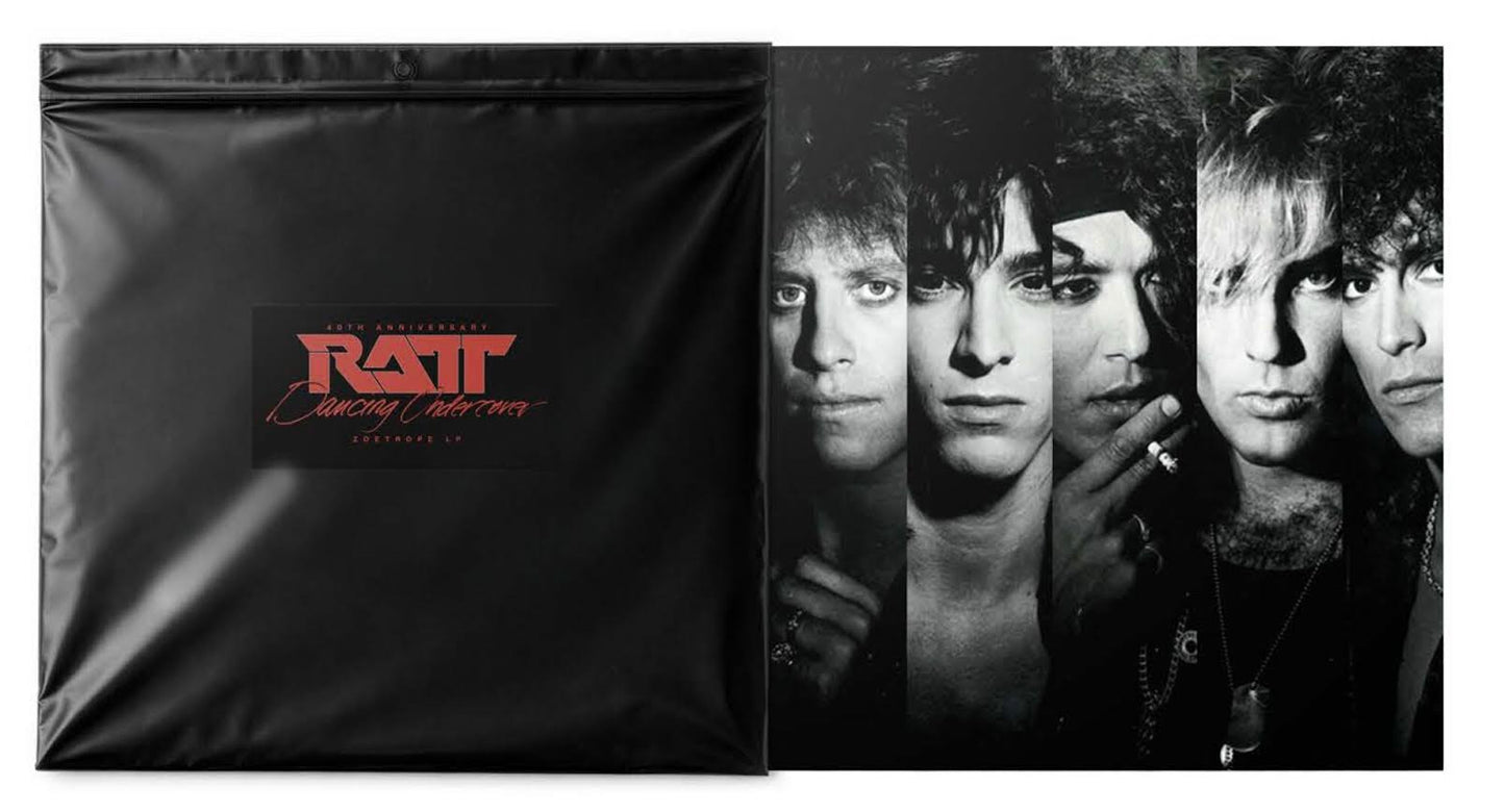 Ratt - Dancing Undercover (40th Anniversary Zoetrope) Vinyl Black mat with RATM logo on the left and a black and white photo of band members on the right.