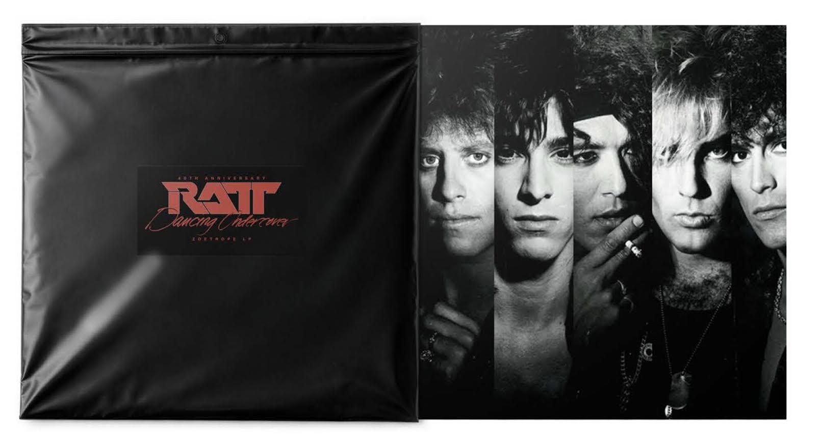 Ratt - Dancing Undercover (40th Anniversary Zoetrope) Vinyl Black mat with RATM logo on the left and a black and white photo of band members on the right.