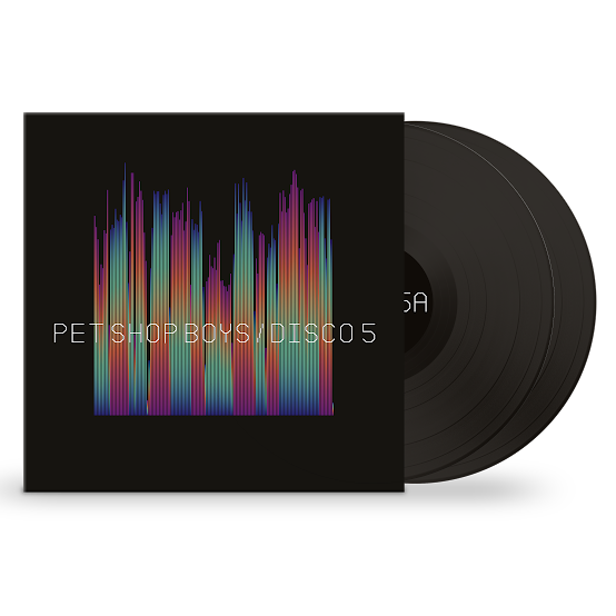 Pet Shop Boys - Disco 5 Black vinyl record with colourful design and 'Pet Shop Boys' album cover on a white background
