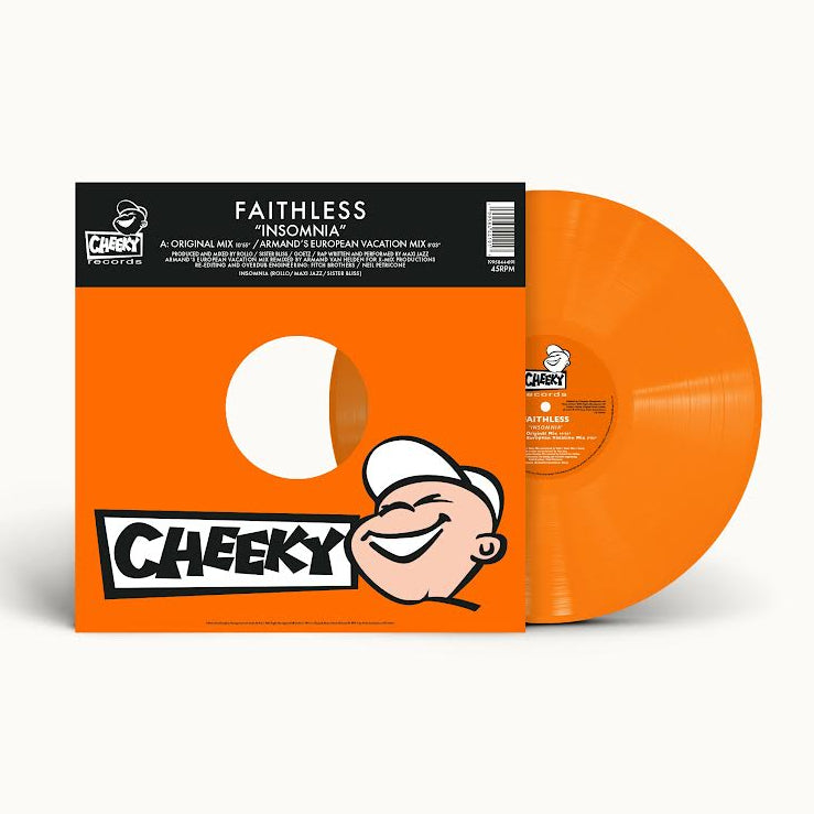 Faithless - Insomnia Orange vinyl record with 'Cheeky' logo and 'Faithless' text on a white background
