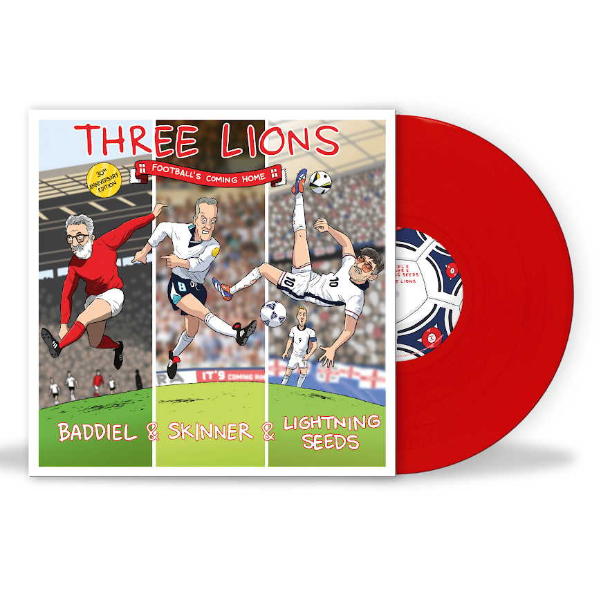 Baddiel, Skinner & The Lightning Seeds - Three Lions Vinyl record with 'Three Lions' album cover featuring soccer players and a red disc.