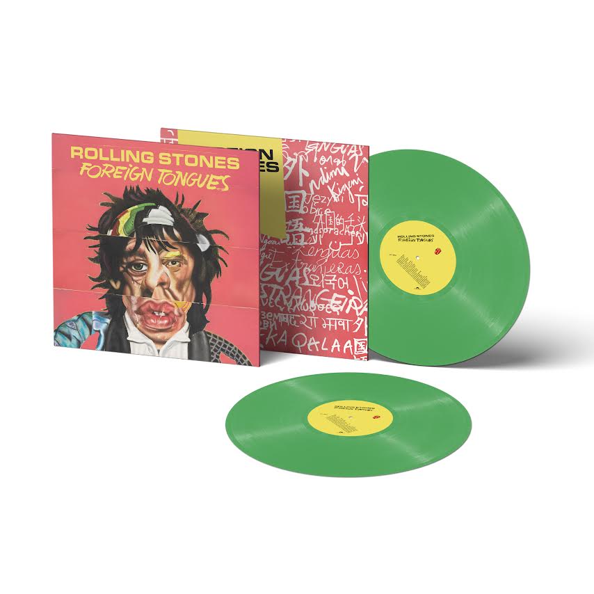 The Rolling Stones - Foreign Tongues Rolling Stones 'Foreign Tongues' vinyl record album shown with the illustrated gatefold cover, a green LP disc, and a second green LP disc on a clean white background.
