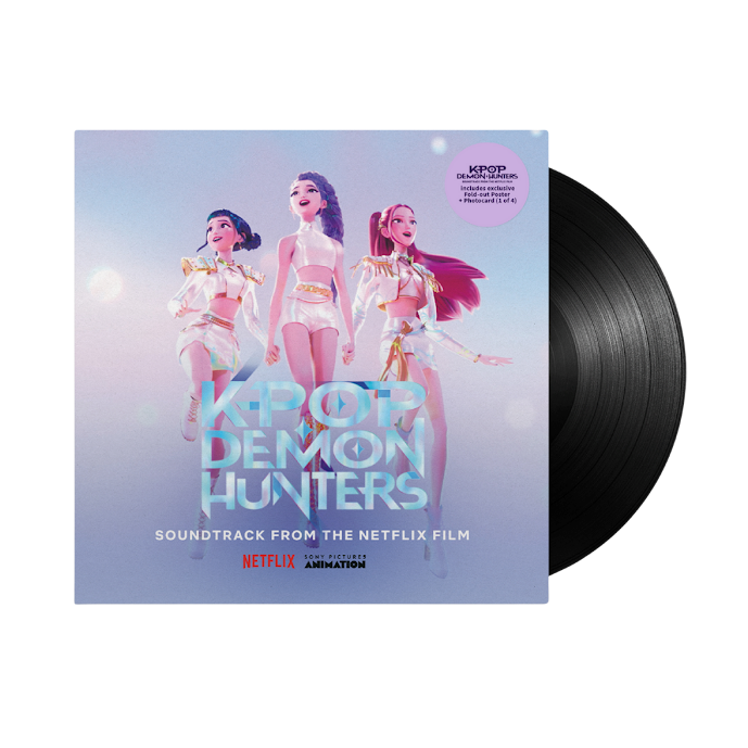 Vinyl record with Kpop Demon Hunters'soundtrack cover featuring three animated characters on a light blue background.