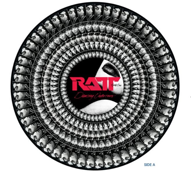 Ratt - Dancing Undercover (40th Anniversary Zoetrope) Vinyl Vinyl record with a spiral of faces and Ratt logo on a white background
