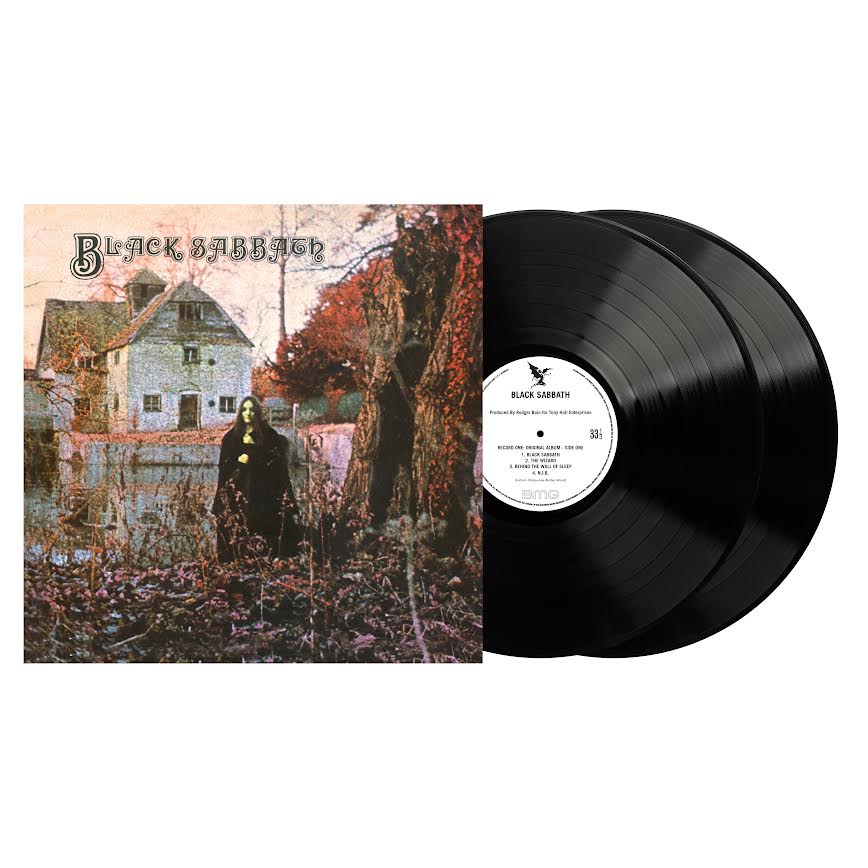 Black Sabbath - Black Sabbath vinyl album with cover featuring a person in a hooded robe in a forest.